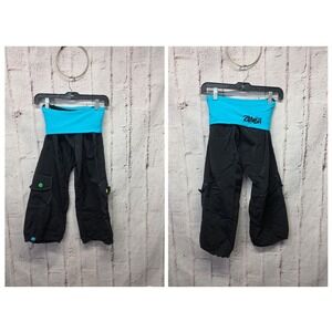 Vtg Zumba Cargo Pants Nylon Women's Y2K Yoga Workout Snap Foldover Black Blue M